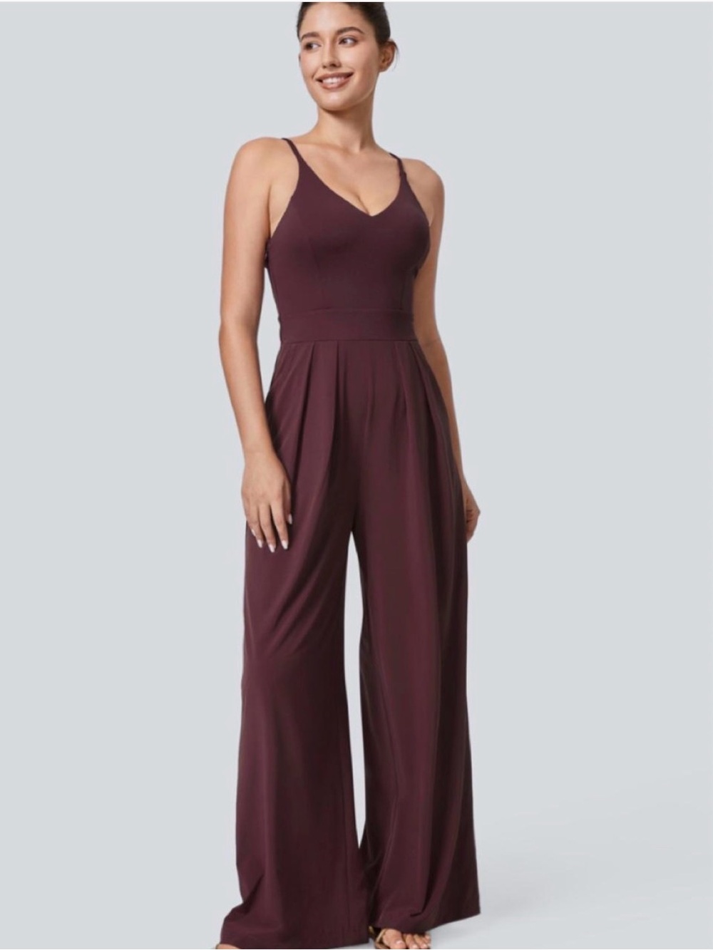 HALARA Sleeveless V-Neck Wide-Leg Jumpsuit in Burgundy Medium